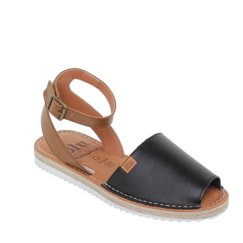 15201BLU - Sandalia Menorquina Plana Mujer Negro