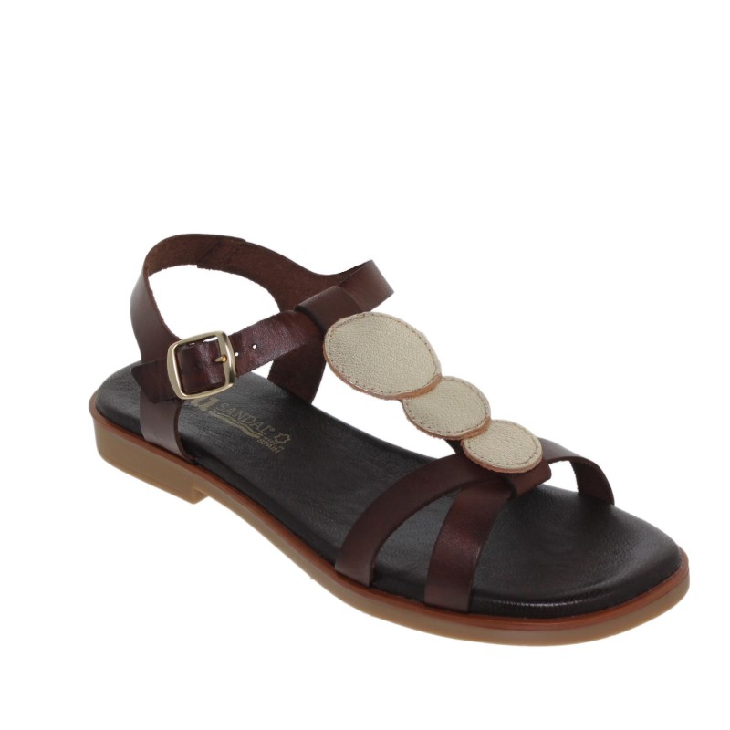 7140260222BLU - Sandalia Plana Mujer Piel Marrón
