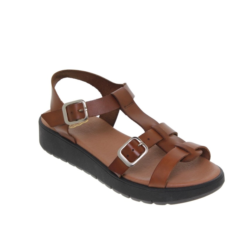 233078104BLU - Sandalia Cuña Mujer Piel Marrón