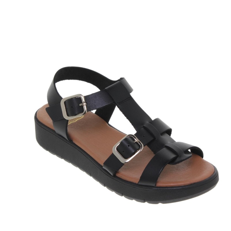 233078104BLU - Sandalia Cuña Mujer Piel Negro