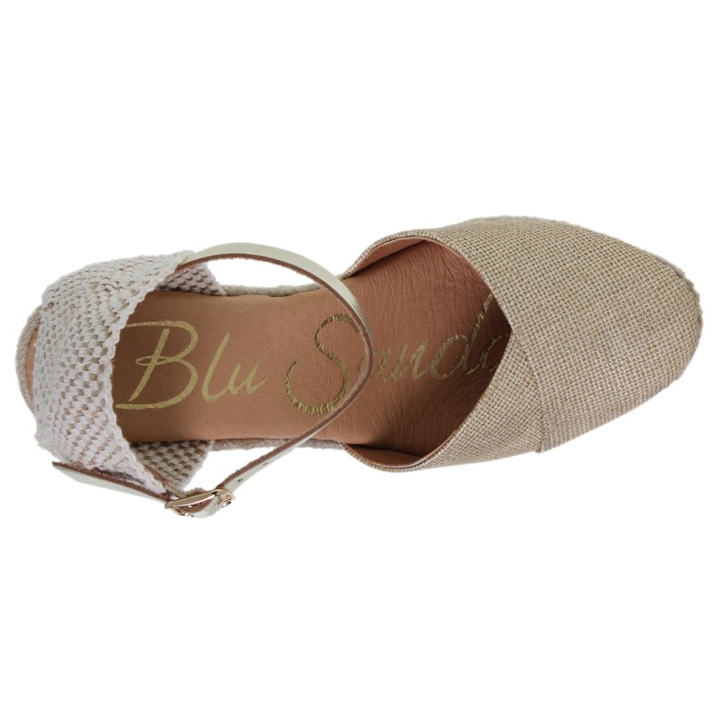 87602071BLU - Sandalia Cuña Esparto Mujer Platino