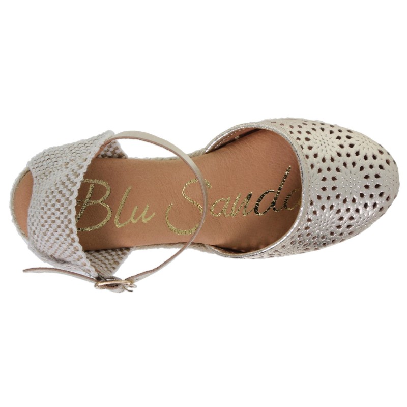 12602067BLU - Sandalia Cuña Esparto Mujer Piel Platino